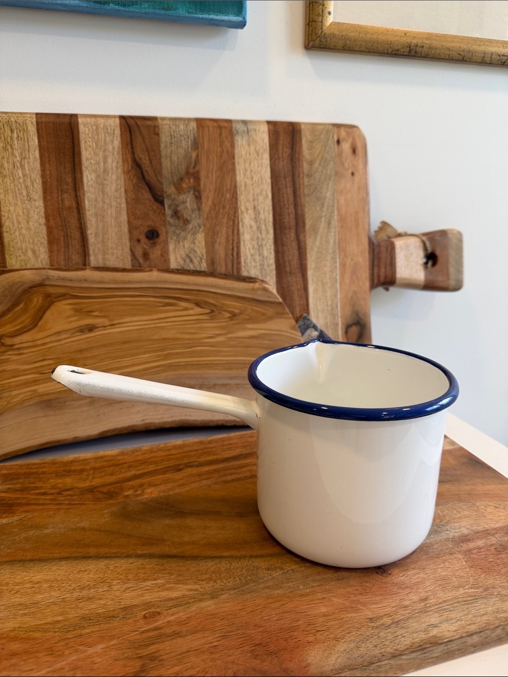 Vintage European White Enamel Milk Pan with Blue Rim